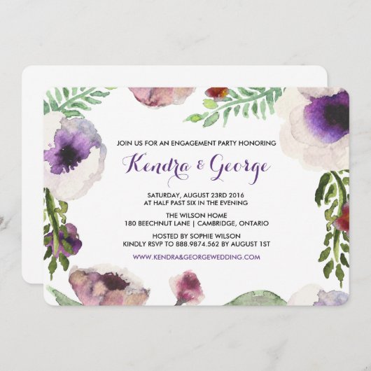 Paarse Anemone Floral Engagement Party Kaart (Voorkant / Achterkant)