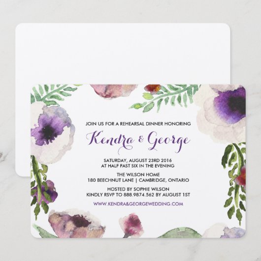 Paarse Anemone Floral Rehearsal Diner Uitnodiging (Voorkant / Achterkant)