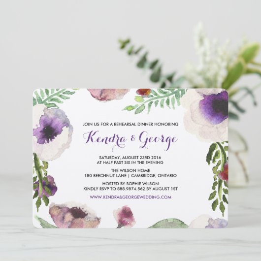 Paarse Anemone Floral Rehearsal Diner Uitnodiging (Staand voorkant)