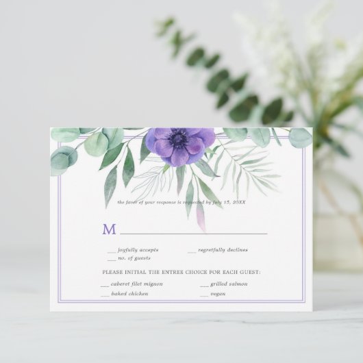 Paarse Anemone Greenery Border RSVP Kaart (Staand voorkant)