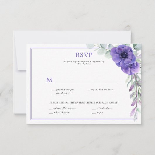 Paarse Anemone Greenery Double Lijst RSVP (Voorkant)