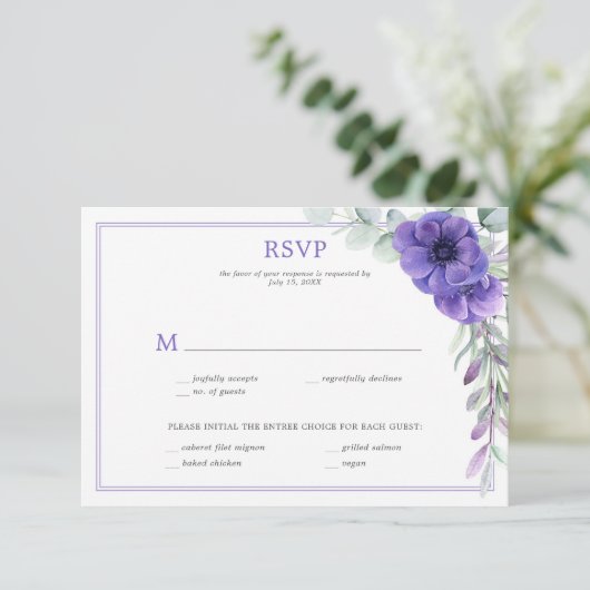 Paarse Anemone Greenery Double Lijst RSVP Kaartje (Staand voorkant)
