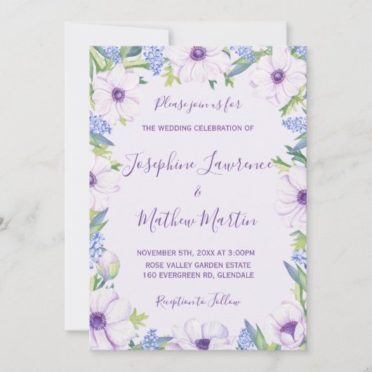 Paarse Anemone Hyacinth Spring bruiloft uitnodigin Kaart (Voorkant)