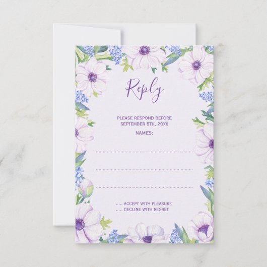 Paarse Anemone Hyacinth Spring Wedding Reply Kaart (Voorkant)