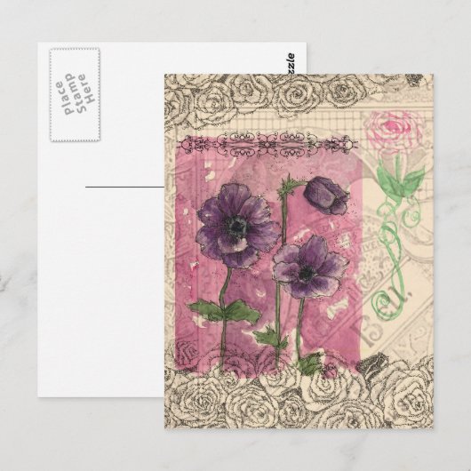 Paarse Anemone Rozen Waterverf Collage Art Briefkaart (Voorkant / Achterkant)