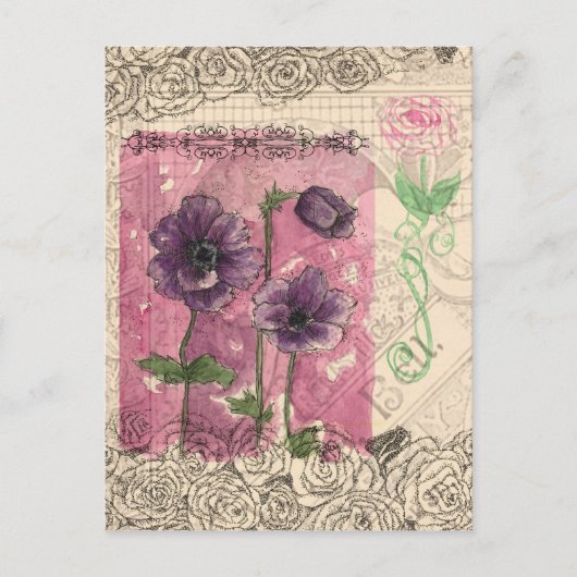 Paarse Anemone Rozen Waterverf Collage Art Briefkaart (Voorkant)