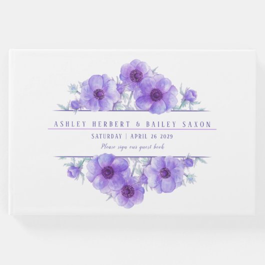 Paarse anemone waterverf bruiloft gastenboek (Voorkant)