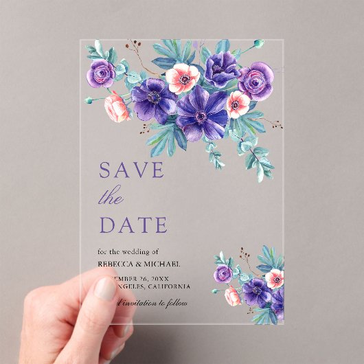 Paarse Anemonen Bouquet Wedding Save the Date Acryl Uitnodigingen (Insitu (Draagbaar))