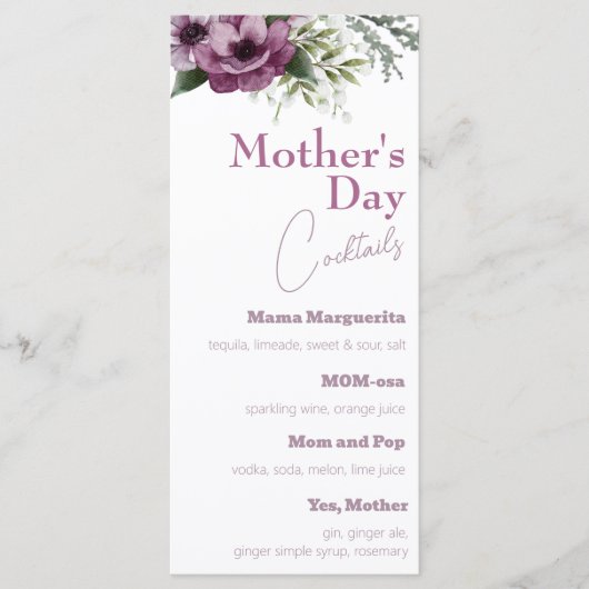 Paarse Anemonen Moederdag Cocktails Menu (Voorkant)