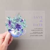 Paarse Anemonen Tea Cup Wedding Save the Date Acryl Uitnodigingen (Insitu (Draagbaar))