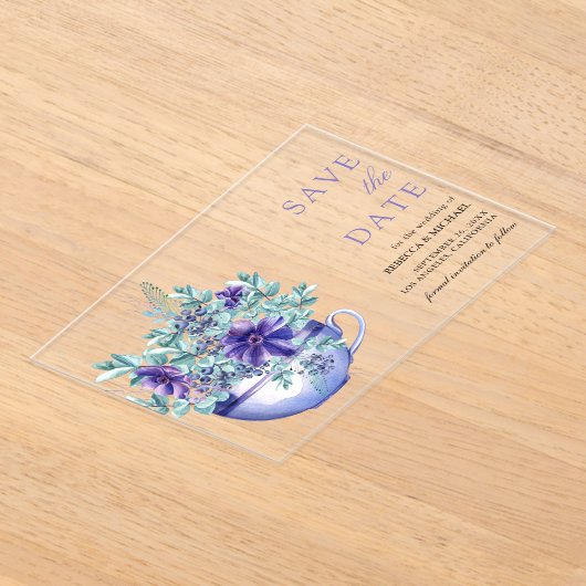 Paarse Anemonen Tea Cup Wedding Save the Date Acryl Uitnodigingen (Laagn)
