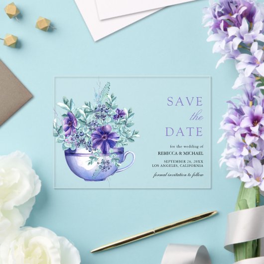 Paarse Anemonen Tea Cup Wedding Save the Date Acryl Uitnodigingen (Insitu (Huwelijk))