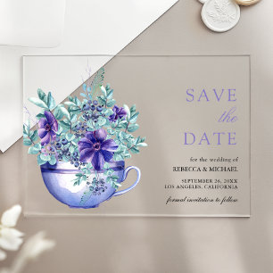 Paarse Anemonen Tea Cup Wedding Save the Date Acryl Uitnodigingen