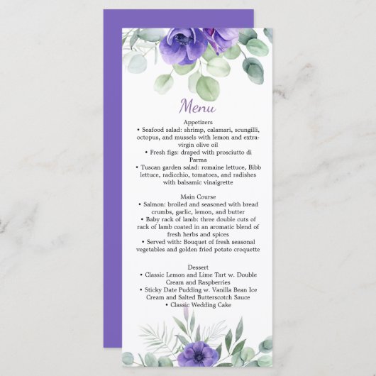 Paarse Anemones en Greenery Wedding Menu (Voorkant / Achterkant)