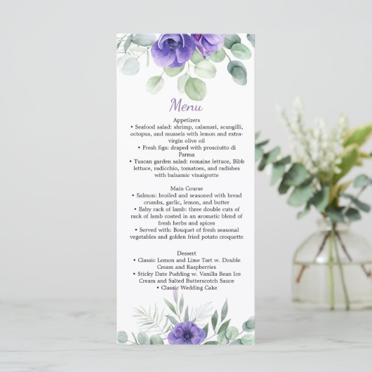 Paarse Anemones en Greenery Wedding Menu (Staand voorkant)