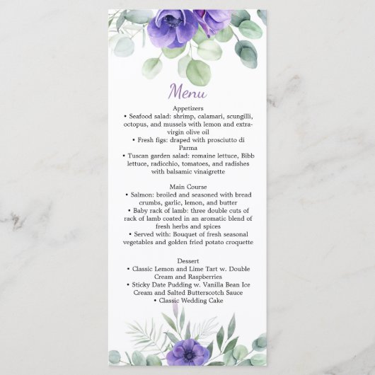 Paarse Anemones en Greenery Wedding Menu (Voorkant)