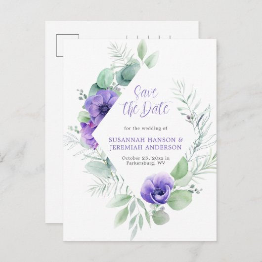 Paarse Anemones Greenery Lijst sparen de Datum Aankondigingskaart (Voorkant / Achterkant)