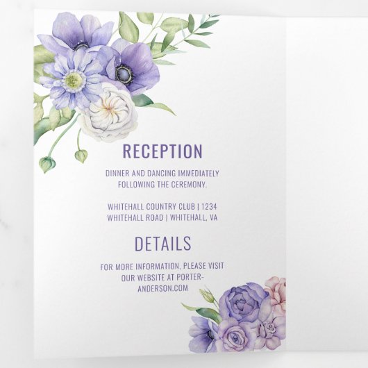 Paarse Anemones Rozen Daisies Hydrangeas Wedding Drieluik Uitnodiging (Binnenzijde eerst)