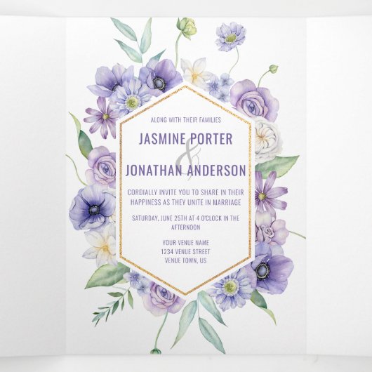 Paarse Anemones Rozen Daisies Hydrangeas Wedding Drieluik Uitnodiging (Binnenkant midden)