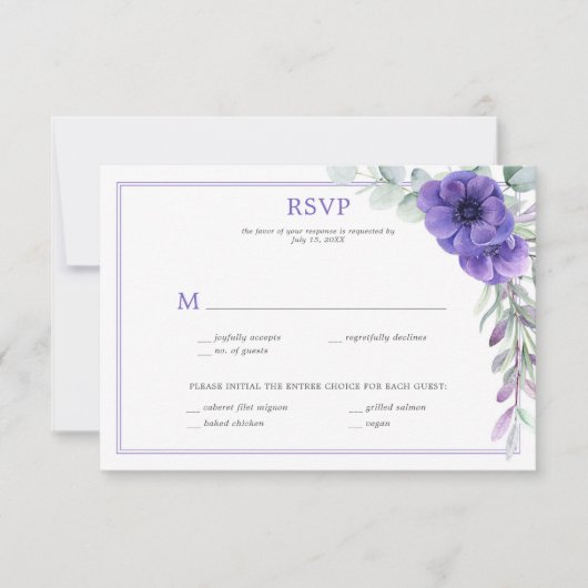 Paarse Anemoon Groene Dubbele Kader RSVP Kaart (Voorkant)