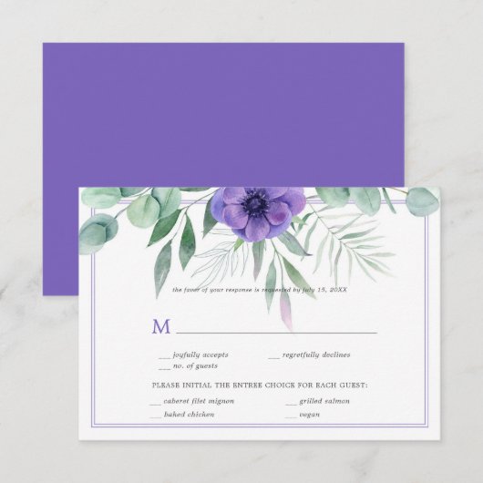 Paarse Anemoon Groene Rand RSVP Kaartje (Voorkant / Achterkant)