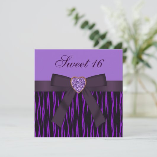 Paarse Animal Print & Heart Jewel Sweet 16 nodigt Kaart (Staand voorkant)