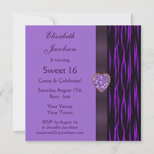 Paarse Animal Print & Heart Jewel Sweet 16 nodigt  Kaart (Achterkant)