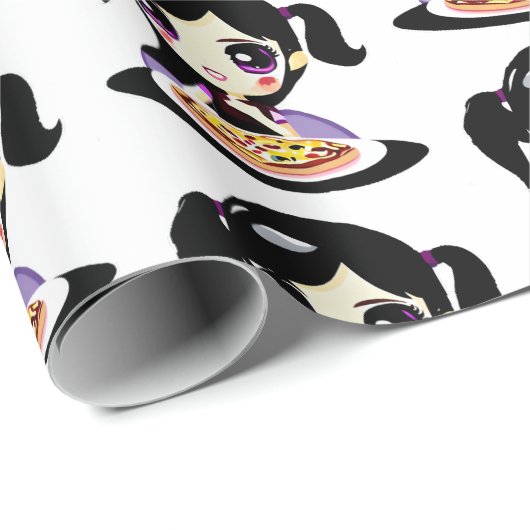 Paarse Anime Meisje Pizza Party Verjaardag Cadeaupapier (Rol Hoek)