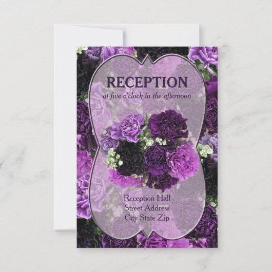 Paarse anjers op een trouwreceptie kaart (Voorkant)