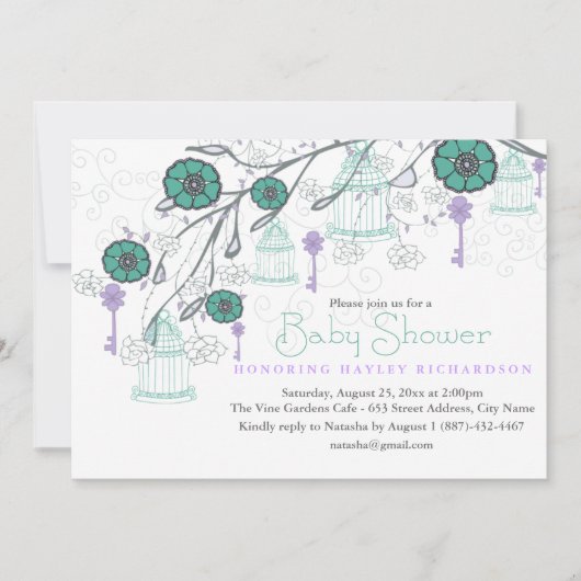 Paarse & Aqua Birdcage Baby shower Uitnodiging (Voorkant)