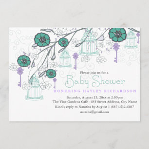Paarse & Aqua Birdcage Baby shower Uitnodiging