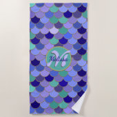 Paarse & Aqua Blauwgroen Zeemeermin Schalen Naam + Strandlaken (Voorkant)