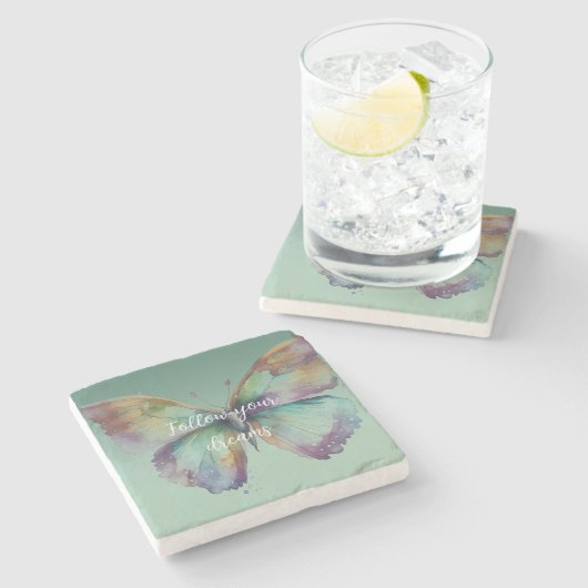 Paarse Aqua Blue Gold Mint Vlinders Stenen Onderzetter (Zijkant)