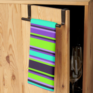Paarse, Aqua, & Chartreuse Gestreepte Keuken Handd Theedoek