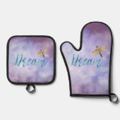 Paarse Aqua Dream Gold Dragonfly Ovenwant & Pannenlap Set (Voorkant)