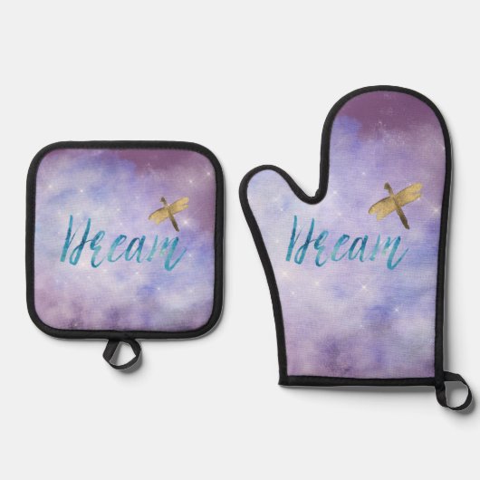 Paarse Aqua Dream Gold Dragonfly Ovenwant & Pannenlap Set (Voorkant)