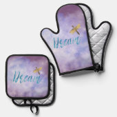 Paarse Aqua Dream Gold Dragonfly Ovenwant & Pannenlap Set (Voorkant / Achterkant)