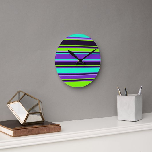 Paarse, Aqua en Chartreuse Gestreepte wandklok (Kantoor)