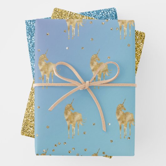 Paarse Aqua Gold Sparkle Unicorn Inpakpapier Vel (In situ)