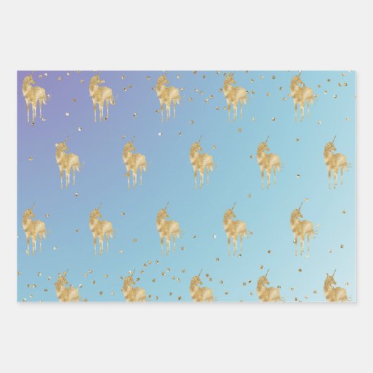 Paarse Aqua Gold Sparkle Unicorn Inpakpapier Vel (Voorkant)
