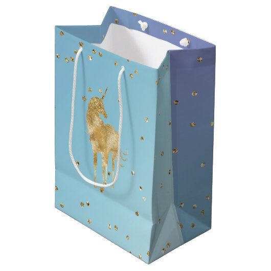Paarse Aqua Gold Sparkle Unicorn Medium Cadeauzakje (Voorkant Gekanteld)