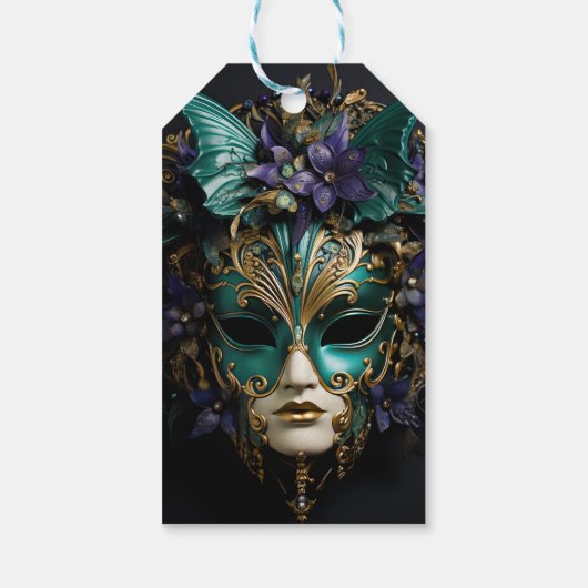 Paarse Aqua Masquerade Maskers Mardi Gras Drama Cadeaulabel (Achterkant)