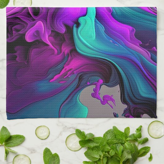 Paarse Aqua Turquoise Prachtige Abstracte Fluid Ar Theedoek (Gevouwen)
