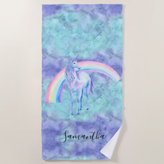 Paarse Aqua Unicorn Dream Strandlaken (Voorkant)