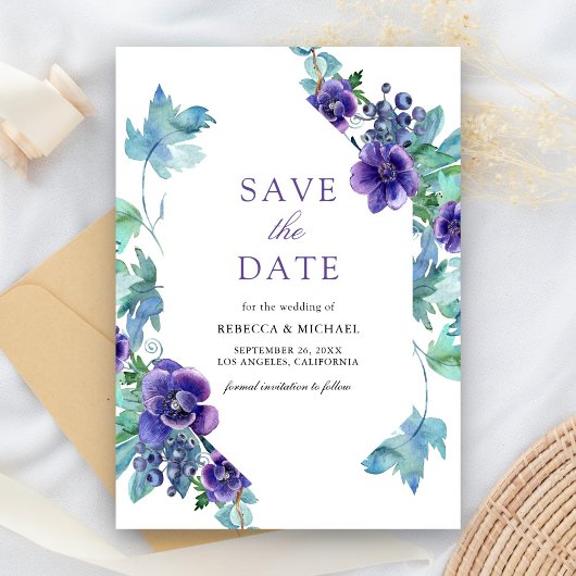 Paarse Aquarel Anemone Huwelijk Save The Date