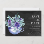 Paarse Aquarel Anemonen Theekopje Zwarte Bruiloft Save The Date (Voorkant)