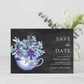 Paarse Aquarel Anemonen Theekopje Zwarte Bruiloft Save The Date (Staand voorkant)