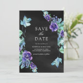 Paarse Aquarel Anemonen Zwarte Bruiloft Save The Date (Staand voorkant)