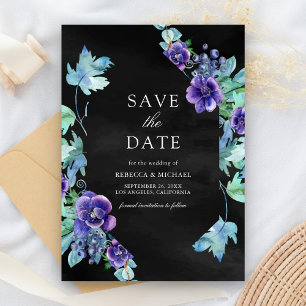 Paarse Aquarel Anemonen Zwarte Bruiloft Save The Date