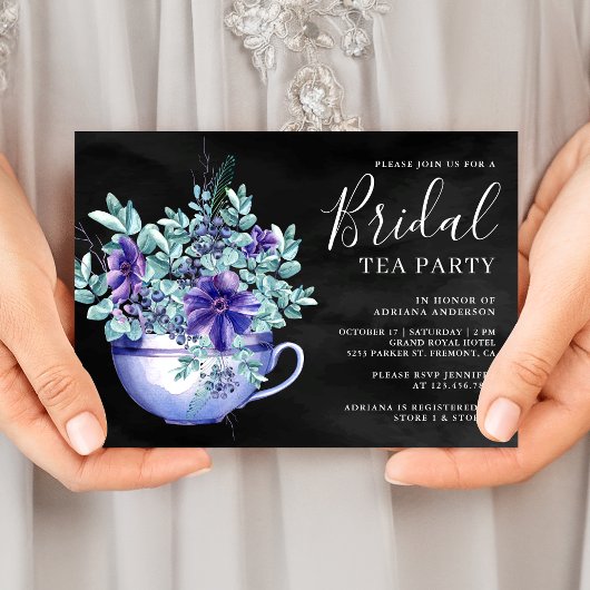 Paarse Aquarel Anemonen Zwarte Bruiloft Thee Party Kaart